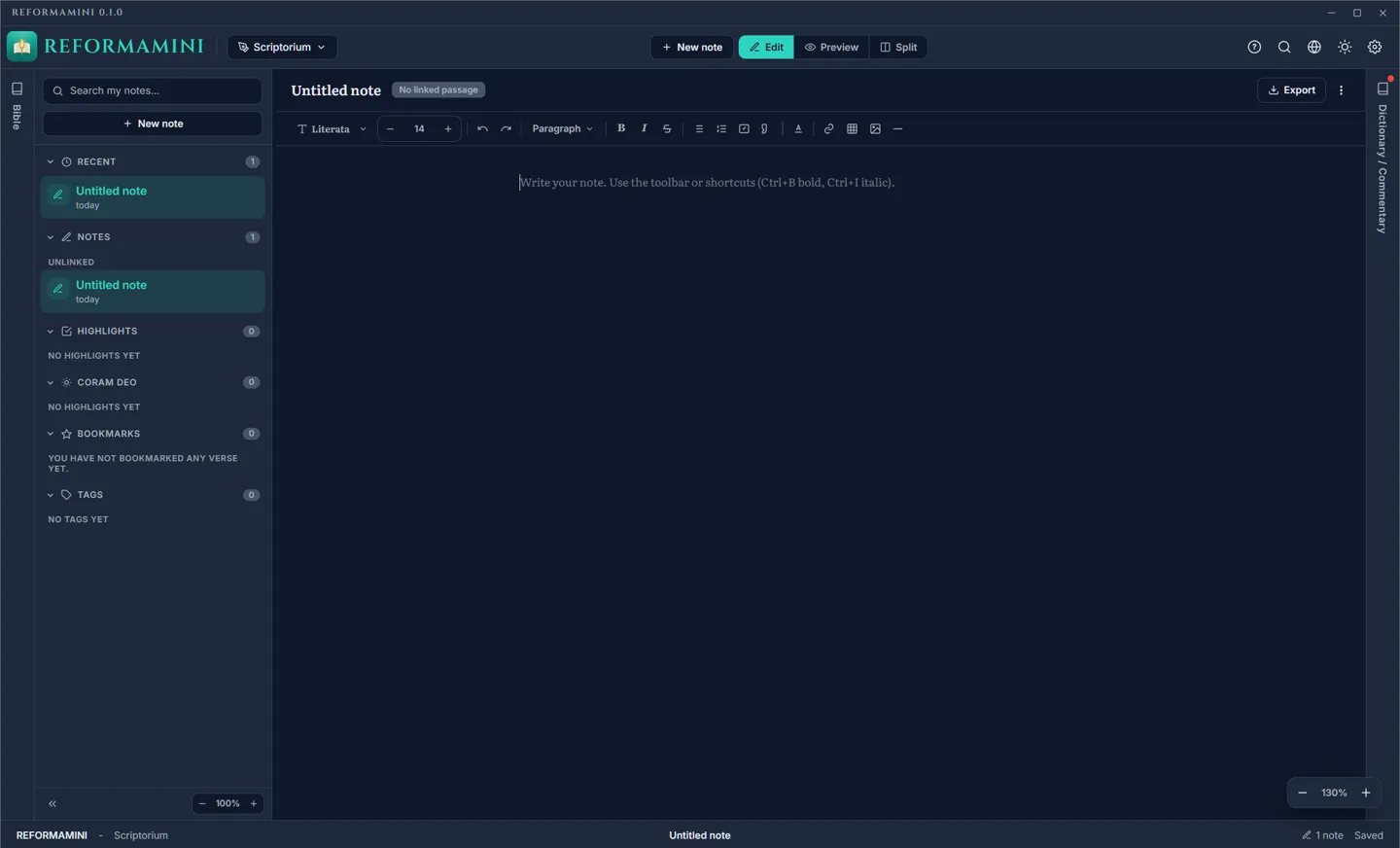 Scriptorium: una nota en Markdown con sus etiquetas y el enlace al pasaje.